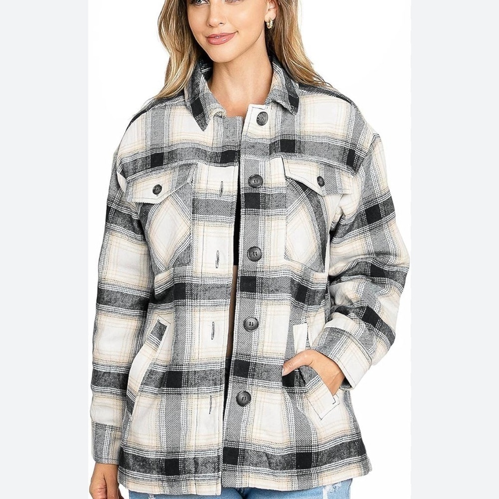 Love Tree Fleece Lined Plaid Oversized Western Chore Jacket Shacket Coat Med H - Picture 3 of 9